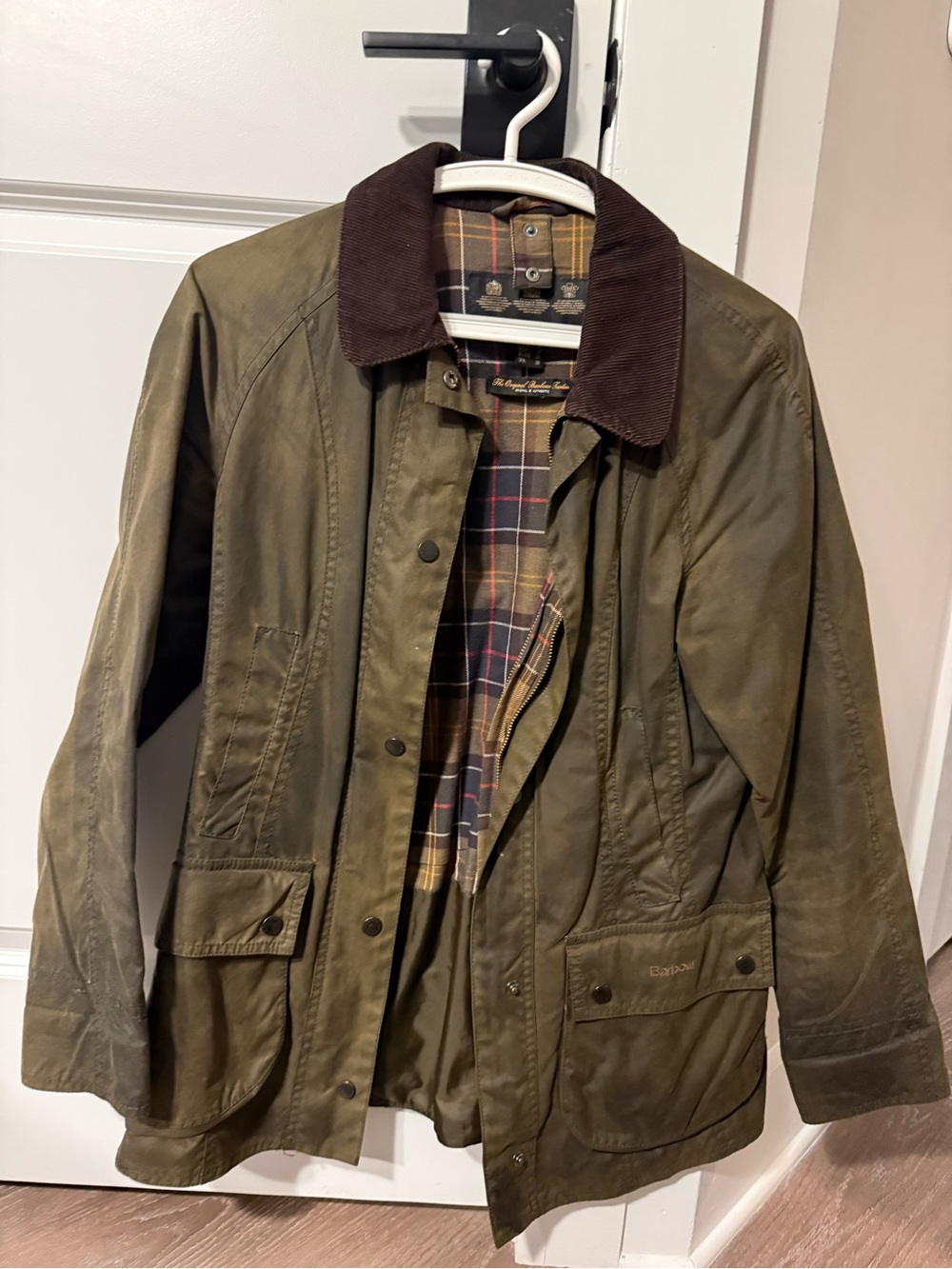 Barbour Olive Green Waxed Field Jacket with Brown Corduroy Collar